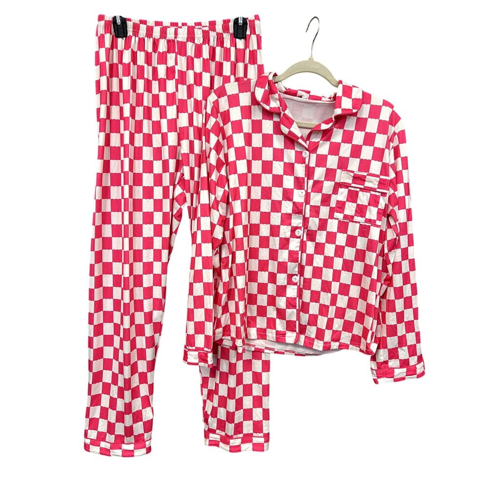 Women's Pink + White Checkered Pajama Set Size Large